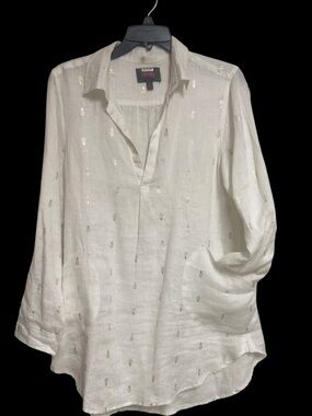 NWOT For Cynthia Beachwear Top Tunic Coverup White Linen Metallic Pattern Size M
